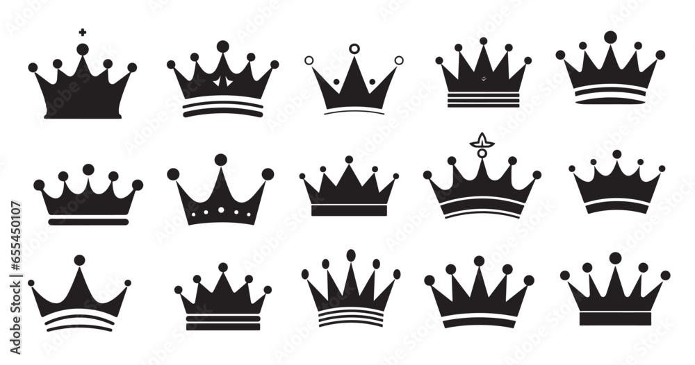 Crown icons set silhouette hand drawn vector - obrazy, fototapety, plakaty 