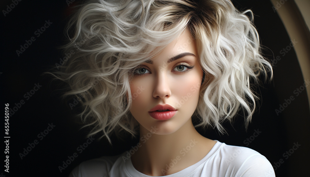 Fototapeta premium Beautiful blond woman with curly hair, looking sensually at camera generated by AI