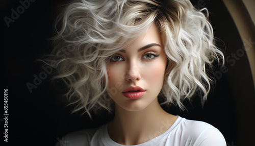 Beautiful blond woman with curly hair, looking sensually at camera generated by AI