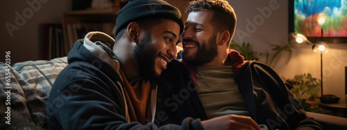 Couple of homosexual men sit on the couch at home and cuddle smiling