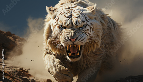 Furious tiger roars, showcasing majestic strength in snowy African wilderness generated by AI