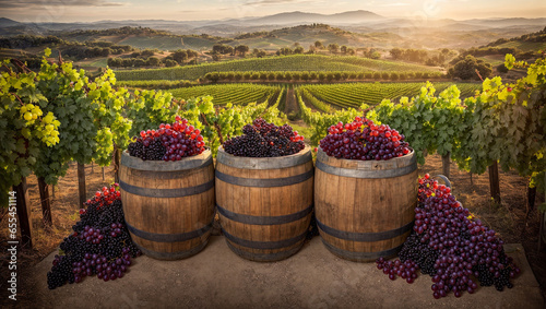 barrels of wine, fresh grapes, against the backdrop of the vineyard