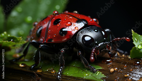 Small ladybug crawling on wet leaf in green springtime forest generated by AI © Gstudio