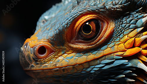 A colorful lizard in the wild, its eye looking at you generated by AI