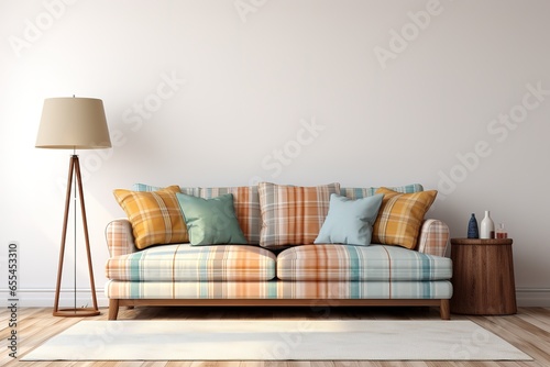 Living room interior with pastel velvet sofa, pillows, lamps and white wall background photo
