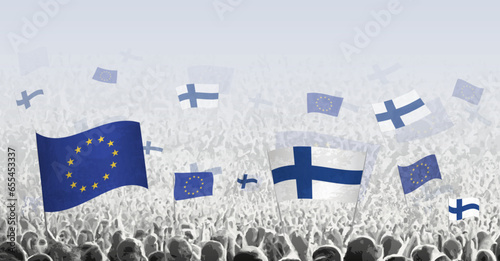 Crowd with flag of European Union and Finland, people of Finland with flag of EU.