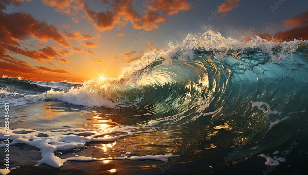 Sunset surf, nature beauty reflected in the shimmering water generated by AI