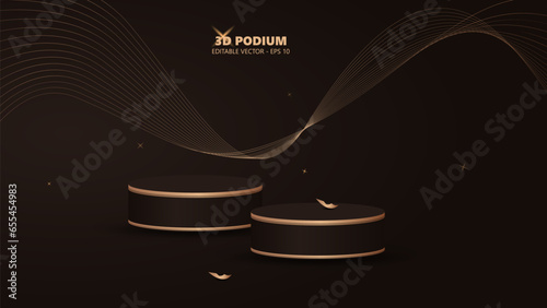 Abstract realistic 3D black cylinder pedestal podium set with dark rectangle background. Luxury black friday sale scene for product display presentation.