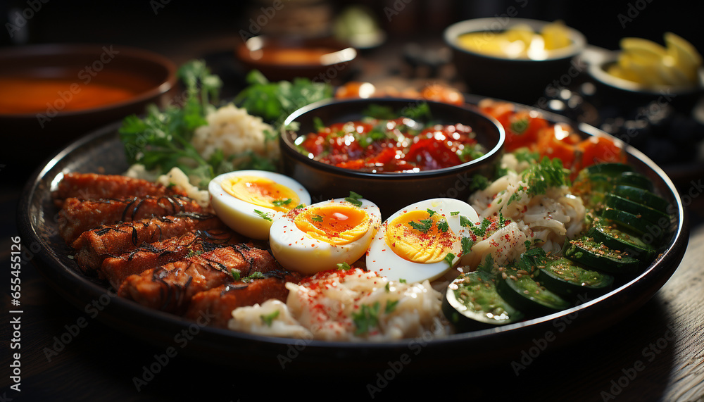 Grilled meat and vegetables on a plate, a gourmet delight generated by AI Grilled meat and vegetables on a plate, a gourmet delight generated by AI