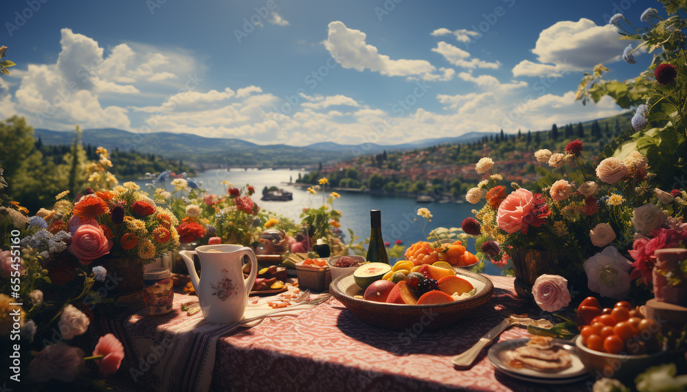 A picturesque summer picnic nature, table, flower, freshness, food, outdoors, fruit, meal, water generated by AI