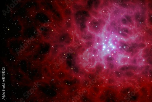 Stellar nursery. Star formation, an emerging star cluster surrounded by its collapsing molecular progenitor cloud in interstellar space, 3D illustration.