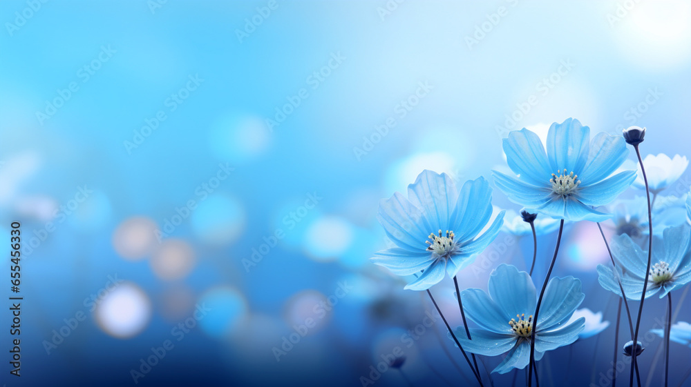 blue wild flowers in the morning light - generative AI - obrazy, fototapety, plakaty 