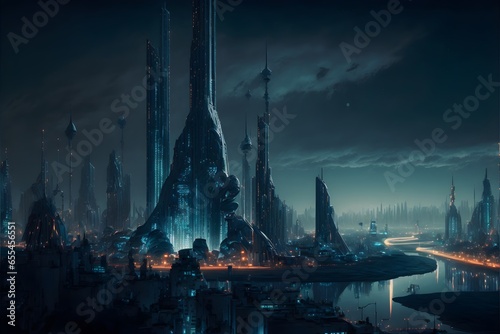 Night View of the Future City of Imaginationhologram skyscraperCyborgs robots spacecraft metallic highlights highly detailed scifi futurism design surreal landscape etched a reality within the 