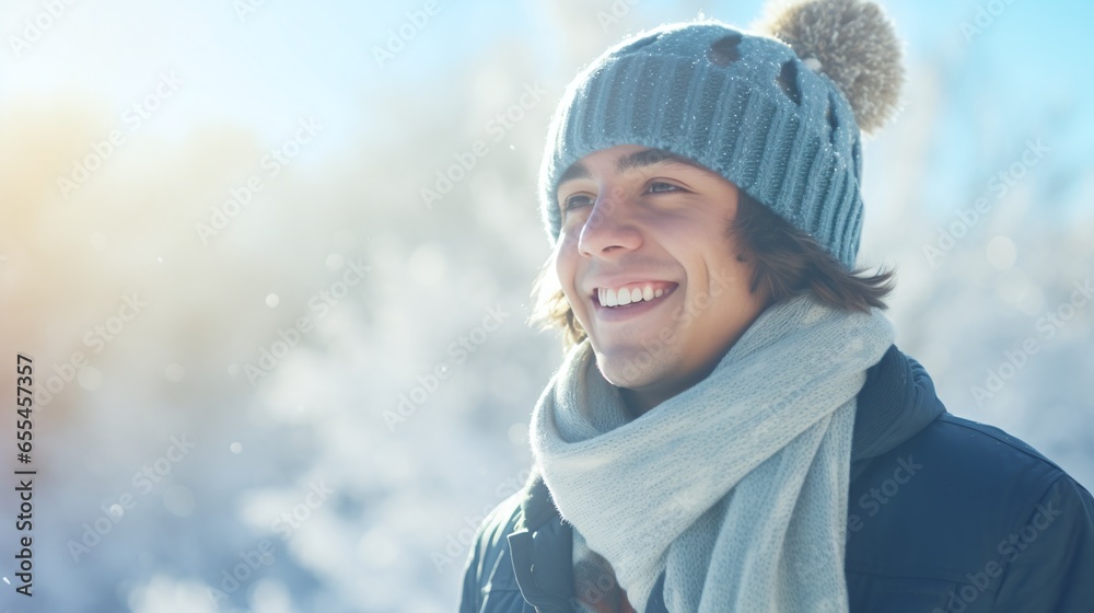 Happy man wearing warm clothes and being outside in winter. Bokeh Background - obrazy, fototapety, plakaty 