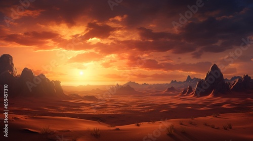 A desert landscape featuring sand dunes and a captivating sunset.