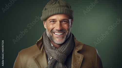 Adult man with winter clothes in front of green background. 