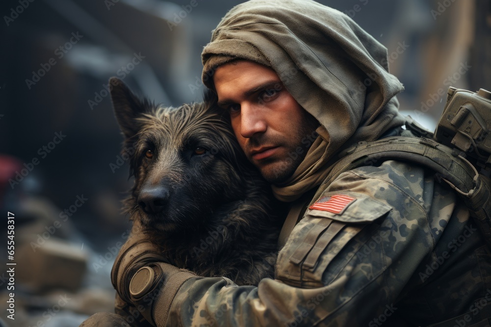 Soldier hugging his dog - obrazy, fototapety, plakaty 