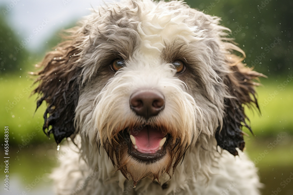 Generative AI illustration of portrait of brown and white dog sitting against blurred forest while looking at camera with opened mouth Generative AI illustration of portrait of brown and white dog sitting against blurred forest while looking at camera with opened mouth