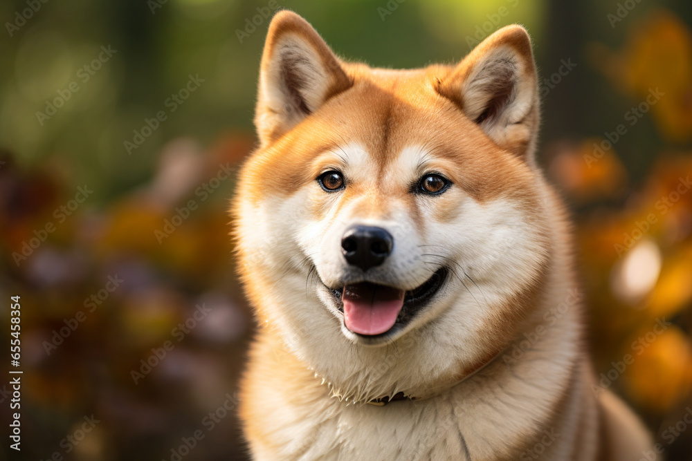 Generative AI illustration of portrait of brown and white dog sitting against blurred forest while looking at camera with opened mouth Generative AI illustration of portrait of brown and white dog sitting against blurred forest while looking at camera with opened mouth