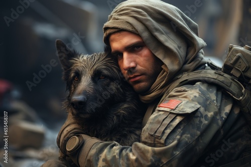 Soldier hugging his dog