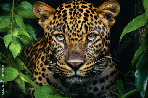Generative AI illustration of closeup portrait of graceful leopard with spotted fur coat near green leaves in forest photo