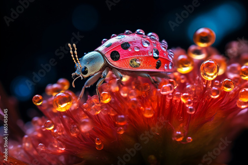 Generative AI illustration of macro shot of dew drops on ladybug on bright red flower against blurred background in rainforest photo