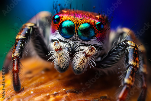 Generative AI illustration of macro closeup of jumping spider with bright eyes and long legs crawling on surface in nature photo