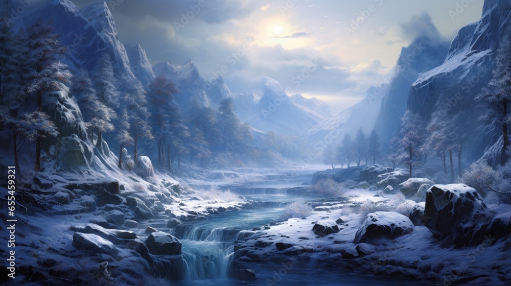 A river winds through a frosty winter landscape, creating a serene and icy tableau.