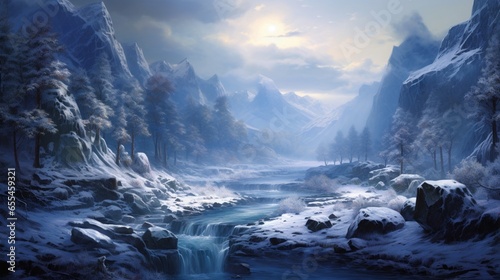 A river winds through a frosty winter landscape, creating a serene and icy tableau. © Ammar
