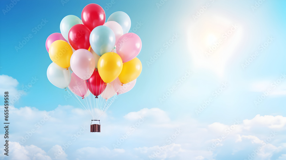 Balloon bouquet lifting an empty basket into the sky, signifying inspiration and the idea taking flight Balloon bouquet lifting an empty basket into the sky, signifying inspiration and the idea taking flight