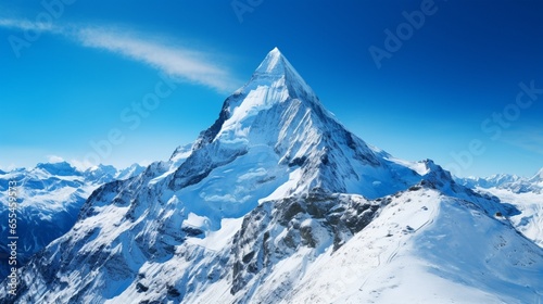A snow-capped mountain peak beneath a crystal-clear blue sky. © Ammar