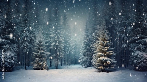 A snowfall adorning an evergreen forest in a tranquil winter scene.