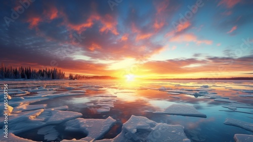 A sunset reflecting on the frozen surface of a serene lake.
