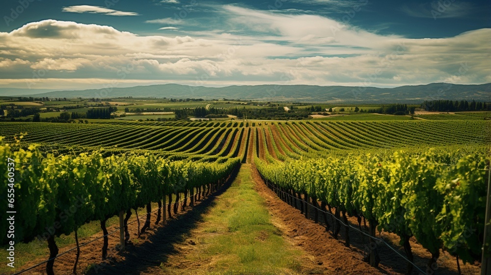 A vineyard stretching as far as the eye can see, with orderly rows of grapevines.