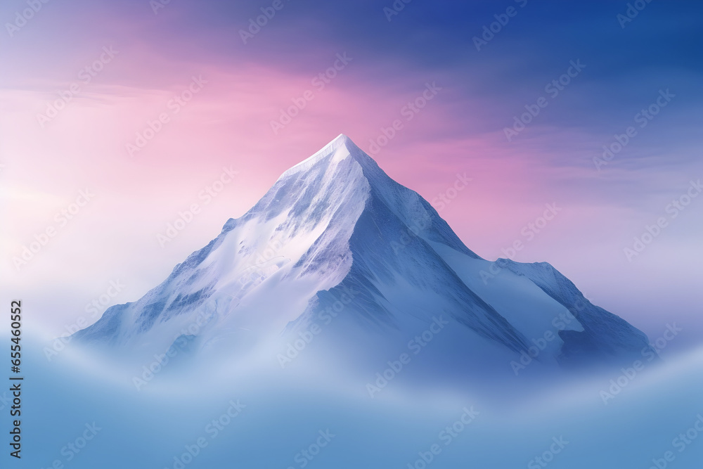 A majestic mountain peak covered in snow, isolated attractive mountain view, Sunrise over the mountains