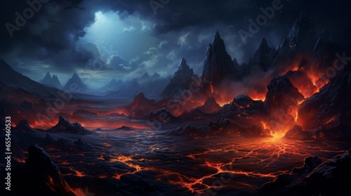 A volcanic landscape with lava flowing under the starry night sky.