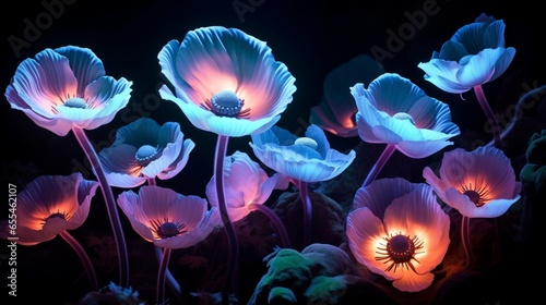 Neon anemones casting a soft glow in a dark underwater scene, their ethereal beauty illuminated by the gentle play of light. © Ammar
