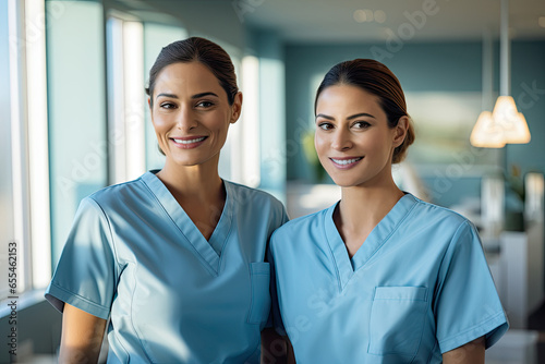 Portrait of mother and daughter wearing medical scrubs looking at camera and smiling. Daughter following in her mother s footsteps concept.