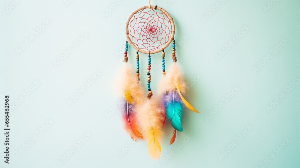 Picture a dreamcatcher with rainbow-colored threads and beads, casting a vibrant aura against a clean white wall. - obrazy, fototapety, plakaty 