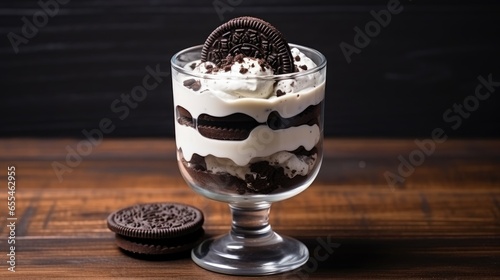 "A delectable Oreo cookie dessert elegantly presented in a short-stem glass, where layers of crushed Oreo cookies, velvety cream, and indulgent chocolate sauce combine to create a symphony of flavors 