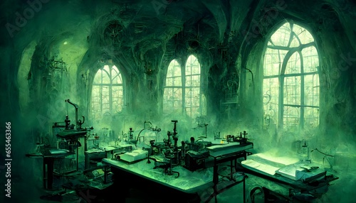 mad scientists laboratory Lamordia Domain of Snow and Stitches gothic horror mary shelleys frankenstein operating table gothic architecture slash of soft green light fantasy horror 