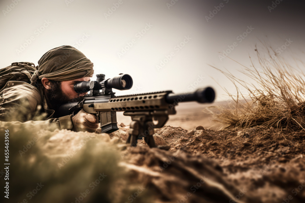 A sniper carefully aiming at a distant target, focusing on accuracy and concentration. Generative Ai A sniper carefully aiming at a distant target, focusing on accuracy and concentration. Generative Ai