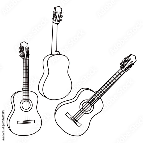 Vector illustration of clasical guitar hand drawn sketch, stringed musical instrument vector outline line art, front, isometric and rear view, isolated on white background