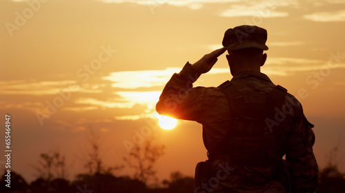 Soldier Saluting at Sunset, Stock Photo in the Style of Dignity, Respect, and National Pride. © Linus