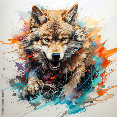 A watercolor depiction of an assertive wolf, amplified by dynamic paint splatters