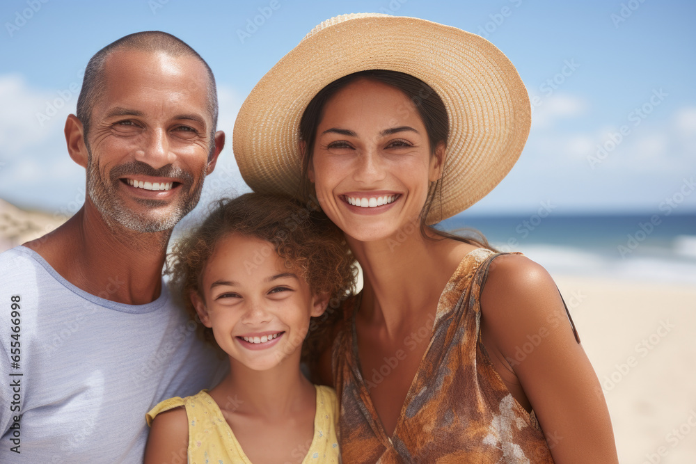 Picture showing man, woman, and child spending quality time together on beach. Ideal for family vacation or summer-themed projects