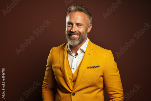 Wearing yellow suit and white shirt. Suitable for fashion, business, or formal attire concepts © vefimov