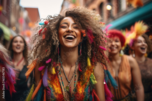 Group of women with vibrant and colorful hair walking down lively street. This image can be used to depict diversity, fashion, and urban culture