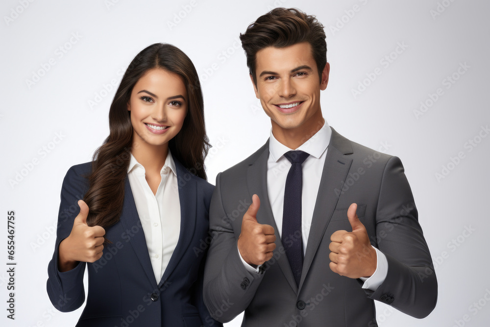 Picture of man and woman dressed in business attire, both giving thumbs up. This image can be used to convey success, teamwork, and positive feedback in professional setting Picture of man and woman dressed in business attire, both giving thumbs up. This image can be used to convey success, teamwork, and positive feedback in professional setting