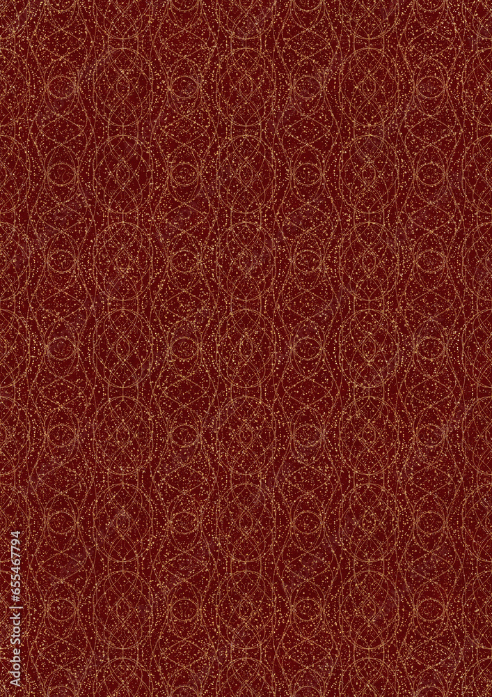 Hand-drawn unique abstract symmetrical seamless gold ornament and splatters of golden glitter on a deep red background. Paper texture. Digital artwork, A4. (pattern: p10-2f) Hand-drawn unique abstract symmetrical seamless gold ornament and splatters of golden glitter on a deep red background. Paper texture. Digital artwork, A4. (pattern: p10-2f)
